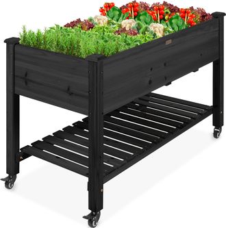 Best Choice Products Raised Garden Bed 48x23x32in Wood Mobile Elevated Planter w/ Wheel Locks, Shelf, Liner