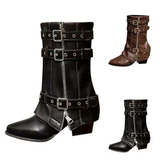 Generic Womens Fold Over Mid Calf Boots Pointed Toe Chunky Low Heel Boots with Side Adjustable Buckle and Zipper, Ladies Winter Retro Rouched Motorcycle Ridin