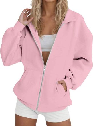 Generic Womens Zip Up Sweatshirt Lapel Oversized Sweatshirt Jacket with No Hood Autumn Winter Casual Outerwear Ladies Coats with Pocket(Pink, L) regenjacke da