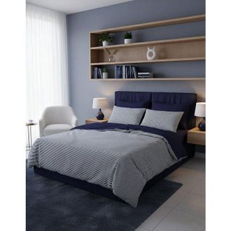 OEM Juego De Cama - 1 Funda N&oacute;rdica 140 X 200 Cm + 1 Funda De Almohada 60 X 60 Cm - 100% Algod&oacute;n Reforzado - Rayas Azul Oscuro