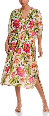 Echo Tile Floral Maxi Caftan Dress In Cream/pink Flowers