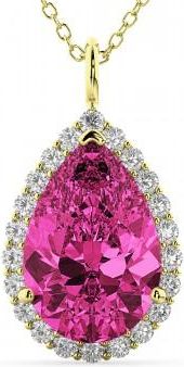 Allurez Halo Pink Tourmaline & Diamond Pear Shaped Pendant Necklace 14k Yellow Gold (7.19ct)