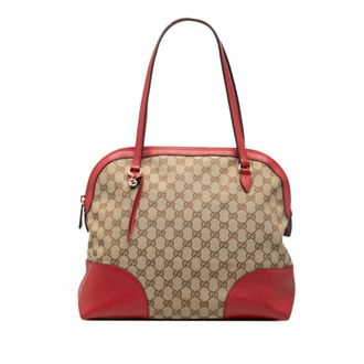 Gucci Beige Red Color Canvas Leather Handbag Tote Bag (Pre-Owned)