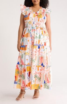 Sugarlips Petrolia Town Sunfire Smocked Bodice Tiered Cotton Midi Dress in Orange-Pink-White at Nordstrom, Size 1X