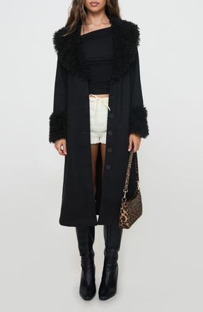 Princess Polly After Party Faux Suede Long Coat with Faux Shearling Trim in Black at Nordstrom, Size 4