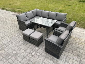 Fimous Rattan Garden Furniture Corner Sofa Set with Oblong Dining Table 2 Small Footstools 2 Armchairs in Dark Grey