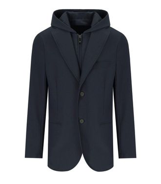 Emporio Armani Navy Blue Ribbed Single-Breasted Hooded Jacket