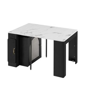 STILVORA Carrito De Cocina Con Mesa Extensible, 3 Compartimentos, Ruedas, Led Y Enchufe, Mdf Vidrio, Blanco Negro