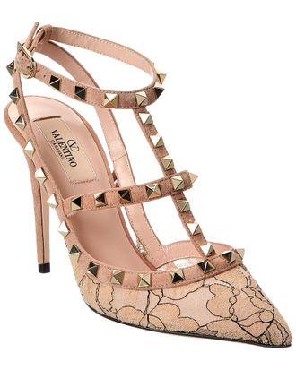 Valentino Rockstud Caged 100 Lace & Suede Ankle Strap Pump