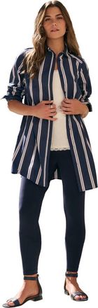 Roaman's Kate Long-Sleeve Crisp Cotton-Blend Button-Front Tunic in Navy Ivory Stripes at Nordstrom, Size 20