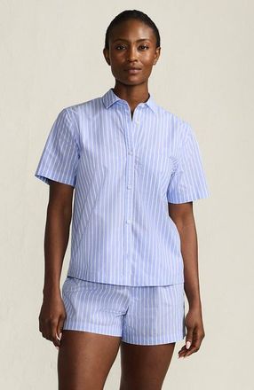 Lands End Poplin 2 Piece Pajama Set - Short Sleeve Shirt and Shorts in Crisp Blue Stripe at Nordstrom, Size X-Small
