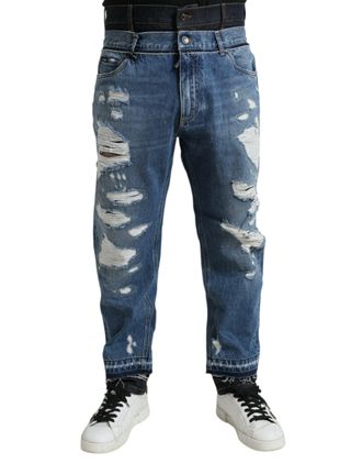 Dolce & Gabbana Mens Distressed Ripped Denim Jeans - Blue Silk - Size EU 44 (Mens)