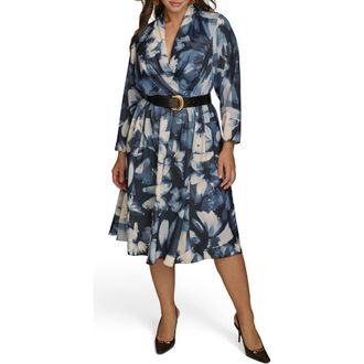 DKNY Abstract Floral Belted Midi Dress in Nightfall Multi at Nordstrom, Size 20W