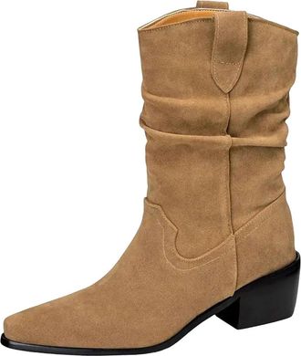Generic Womens Mid Calf Western Boots Pointed Toe High Block Heel With Sewing Detail Slip On Retro Style Cowboy Booties