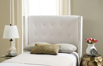 Safavieh Keegan White Velvet Tufted Winged Headboard Silver Nail Head