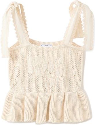 Mango Amelie Tie Shoulder Crochet Peplum Top in Ecru at Nordstrom, Size X-Small