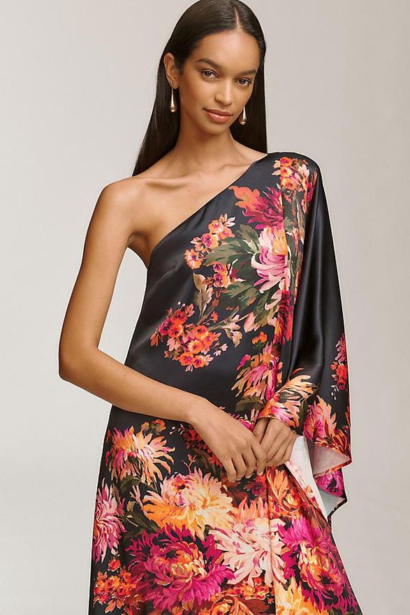 Tiana One-Shoulder Satin Kaftan Maxi Dress