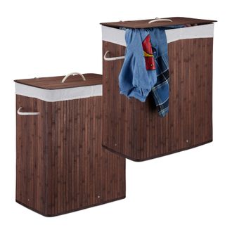Relaxdays 2 Cestos Ropa Sucia Con Tapa Y 2 Compartimentos, Cubo Colada Plegable, Canasta, Bamb&uacute;, 95 L, Marr&oacute;n