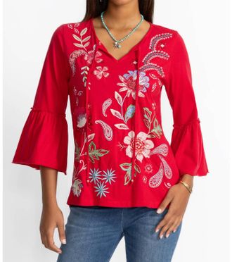 Johnny Was Freyde Ruffle Sleeve Top In Red
