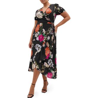 City Chic Belle Floral Print Wrap Dress in Black Botanique at Nordstrom, Size Xxxs
