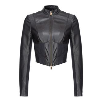Pinko Leren en stoffen bikerjack - Dames - Leren en Su&egrave;de Jassen - Zwart - S - Katoen - Jassen
