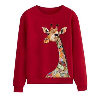 Generic Sweatshirts for Women Womens Hoodies & Sweatshirts Giraffe Printing Sweatshirt Drop Shoulder Hoodie Plus Size Pullover Top (Red, XXL)