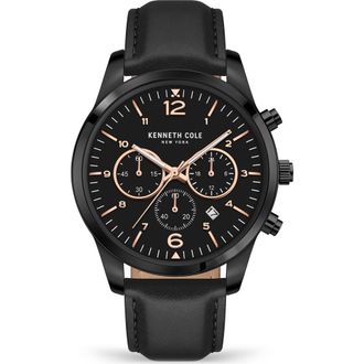Kenneth Cole Three Hand Quartz Chronograph Sport Leather Strap Watch, 44mm in Black at Nordstrom Rack