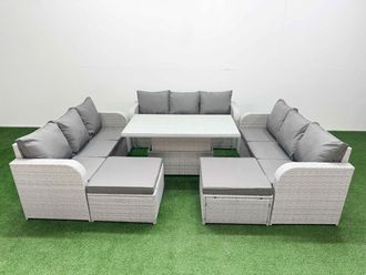 Fimous PE Rattan Lounge Sofa Set 11 Seater Outdoor Garden Furniture Set w/ Adjustable Lifting Dining or Coffee Table 3 Seater Sofa 2 Big Footstools
