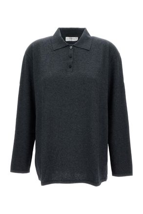 Lisa Yang Polo Collar Cotton Blend Sweater with Ribbed Trim