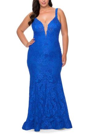La Femme Plus SIze Dress Lace Fitted Long Gown in Royal Blue at Nordstrom, Size 24W