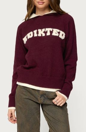 Edikted Varsity Logo Hoodie in Burgundy-And-Cream at Nordstrom, Size X-Large