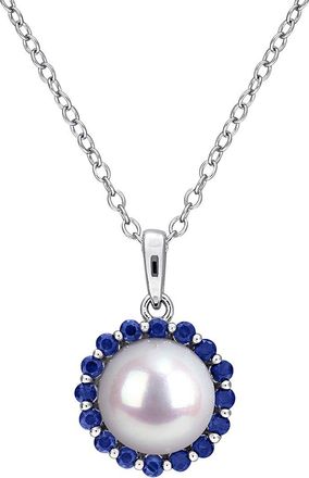 Rina Limor Silver 0.32 Ct. Tw. Sapphire & 8-8.5 Mm Pearl Halo Necklace