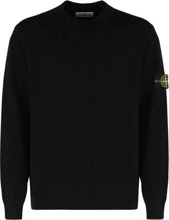 Stone Island Round-neck Knitwear, male, Black, Size: L Ribbed Cotton Sweater with Removable Patch