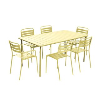 Sweeek Mesa de jard&iacute;n de metal 2 sillones 4 sillas, amarillo