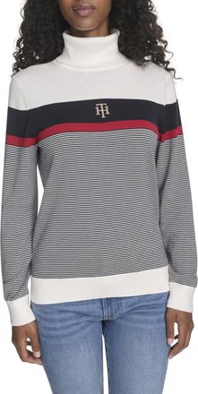 Tommy Hilfiger Womens Long Sleeve Cotton Turtleneck Light Weight Sweater, Ivory Multi Stripe, XS