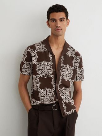 Reiss Tobacco Brown & white Jacquard Knit Cuban-collar Shirt, 2XL