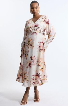 Karen Millen Plus Size Abstract Floral Satin Crepe Woven Long Sleeve Midi Dress
