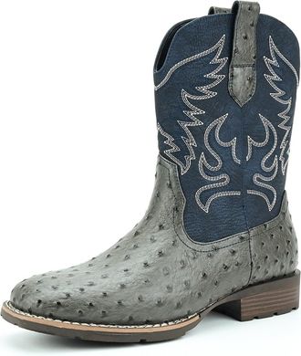Generic Cowboy Boots for Men Square Toe Western Boot Durable Retro Classic Crocodile Print Pull on Shoes Slip Resistant,Gray and Navy,10.5 UK