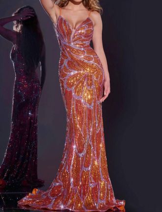 Jovani Sequin Plunging V-Neck Gown In Orange/lilac