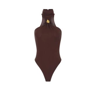 Elisabetta Franchi Body, female, Brown, Size: 2XS Crepe Jersey Bodysuit with Jewel Detail