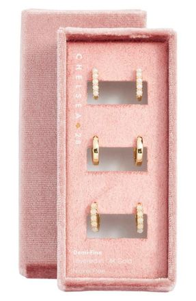 Chelsea28 Set of 3 Demi Fine Huggie Hoop Earrings in White- Clear- Gold at Nordstrom