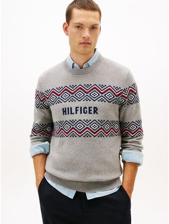 Tommy Hilfiger Mens Monotype Fair Isle Crewneck Sweater - Grey - XL