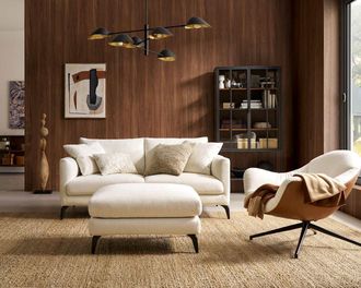 Castlery Lena Loveseat with Ottoman, Cream, Matte Black Legs, Spill-Resistant, Removable Covers for Living Room