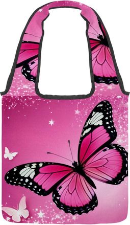 Generic Pink Butterflies Reversible Canvas Shoulder Tote - Double-Sided Print, 12oz Cotton, 27cm Drop, Fold-Flat Bag for Travel, Shopping, Street Outings