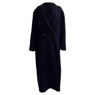 Frankie Shop Double-Breasted Long Coat in Navy Blue Wool