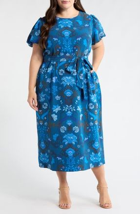 Sugarlips Palmate Floral Senidy Puff Sleeve Maxi Dress in Teal-Blue at Nordstrom, Size 2X