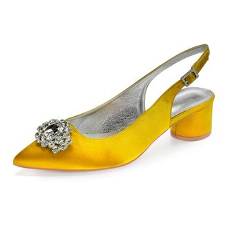 Generic Slingback Wedding Heels Womens Bridal Pointed Toe Chunky Heels Prom Evening Formal Party Pumps Shoes 4.5Cm,Yellow,4 UK