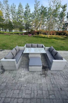 Fimous U Shape Lounge Rattan Garden Furniture Set Adjustable Rising Lifting Table Dining Set in Light Grey