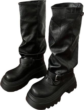 Generic Womens Vintage Belt Buckle Knee High Boots Thick Bottom Slip On Style Long Booties Fashion Footwear