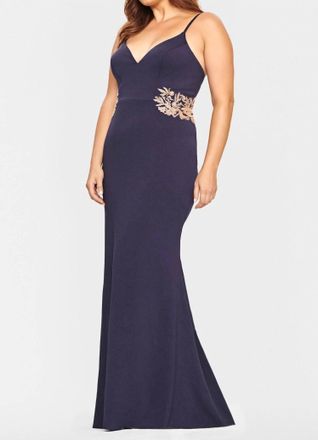 Faviana Jersey Long Dress With Beaded Lace Applique In Navy/gold